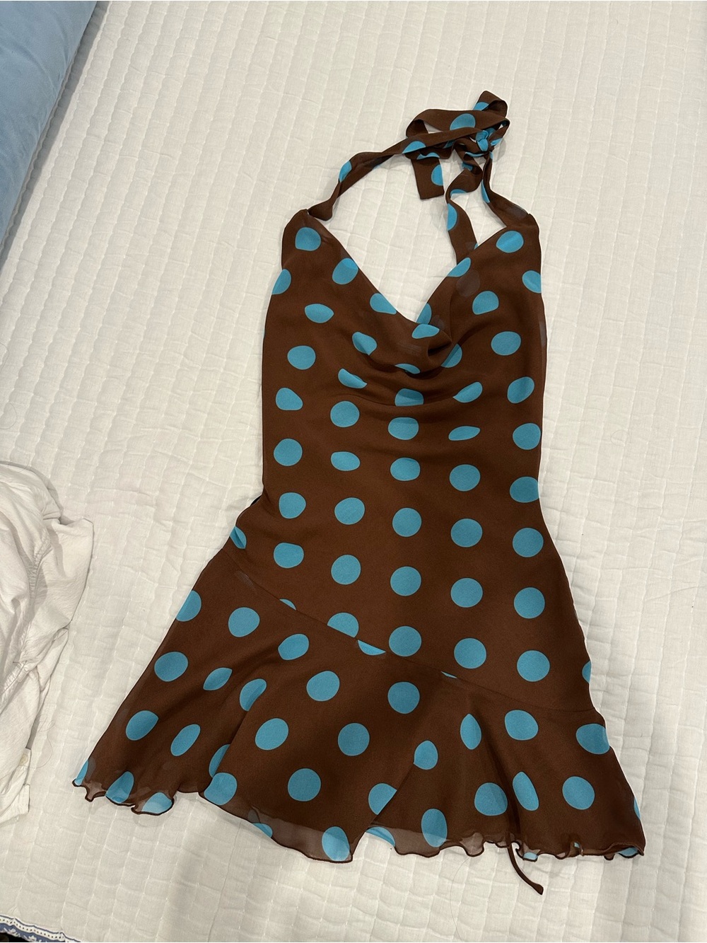 Princess Polly Brown Halter Mini Dress with Blue Polka Dots